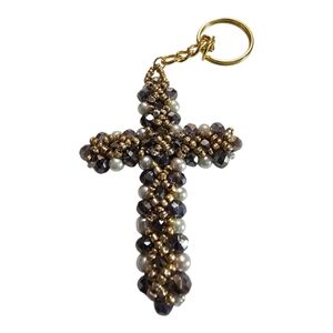 Elegant Beaded Hand Made Cross Keychain - Gold and Brown 2.5 Inch
